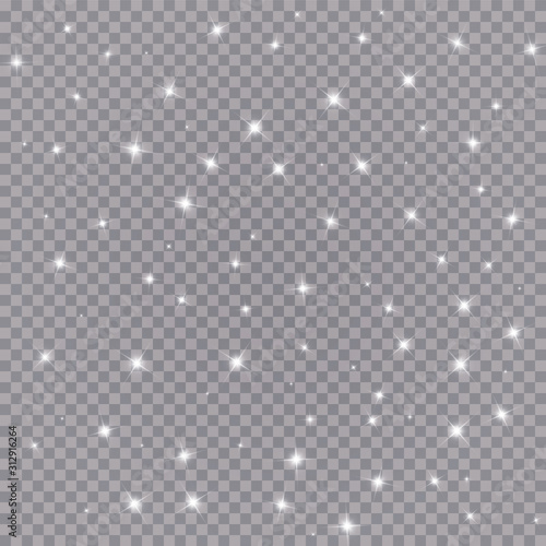 The dust is white sparks and white stars shine with special light. Vector sparkles on a transparent background. Christmas light effect. Sparkling magical dust particles.