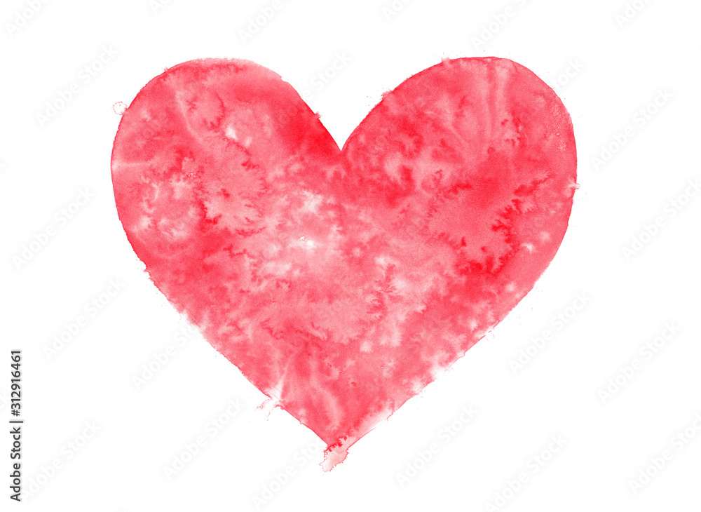 large red watercolor heart with fluid textures: spreading and transparent transitions. Hand-drawn raster stock heart, symbol of love isolated on white. Grunge colorful illustration for Valentines Day