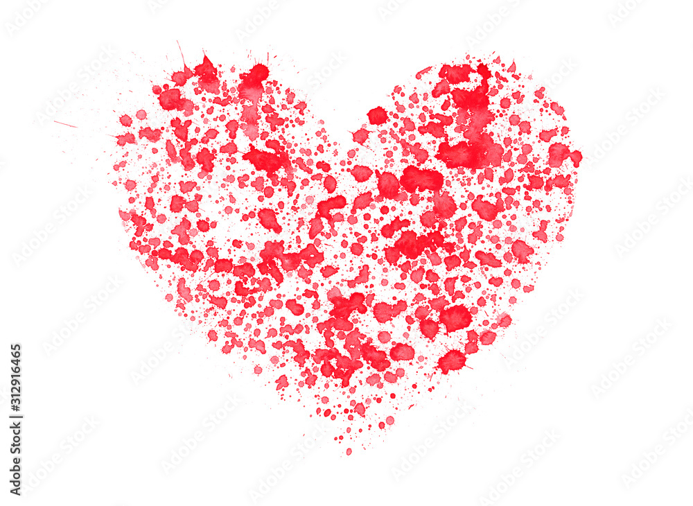 Hand-drawn heart shape surrounded by red random drops of red watercolor isolated on white. White silhouette of a heart on a background of grunge red splashes