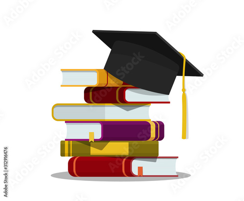 Stack of books, graduation cap. Education concept. Graduation hat on pile of book on isolated background. vector
