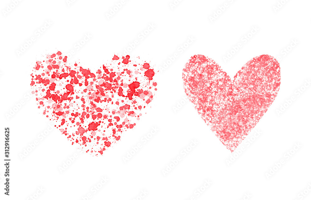 A hand-drawn illustration of two hearts, one of red watercolor splashes and the second of a dense pattern of spots of paint soaked in sponge. Raster stock hearts set isolated on white