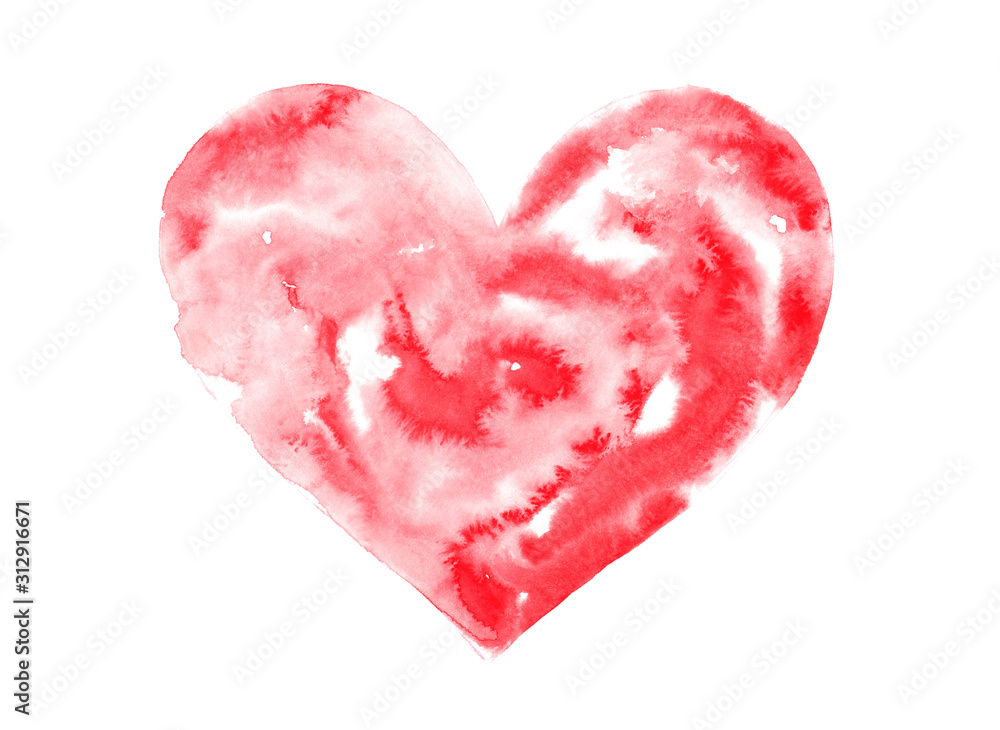 Big hand-drawn watercolor heart isolated on white. Liquid watercolor scarlet transition with heart-shaped transparencies. A raster stock illustration can be used as a template for a love card.