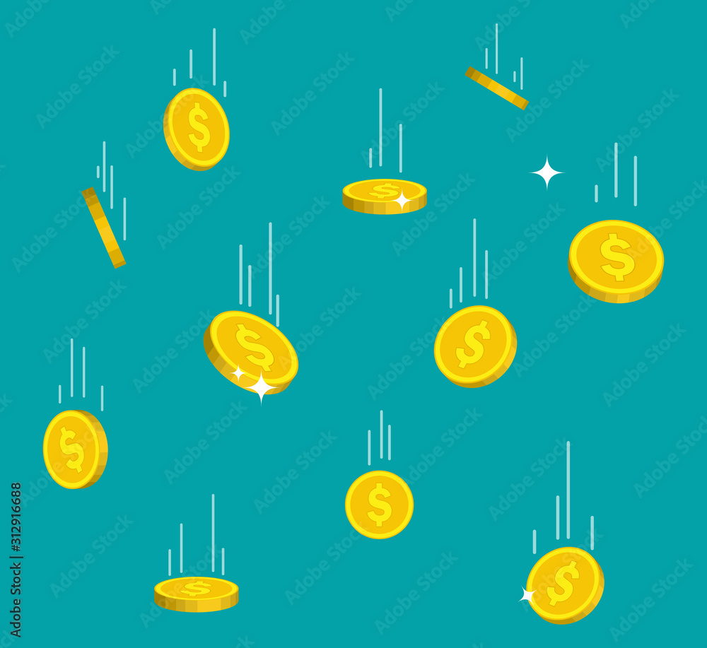 Falling gold coins in flat style. Money rain from sky. Flying golden ...