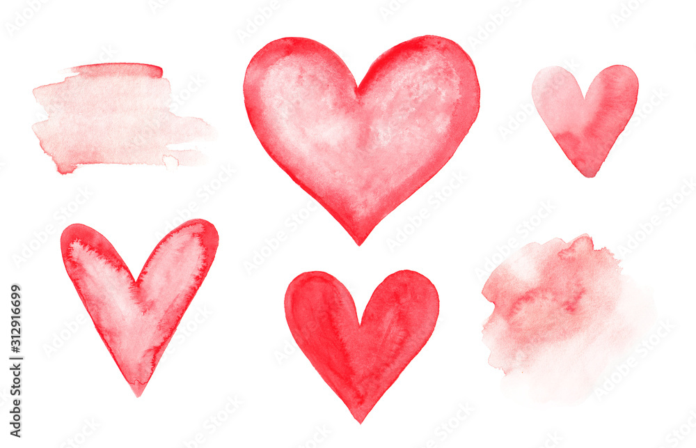 Set of red watercolor hearts and abstract spots isolated on a white background. Hand-drawn collection of love symbols - hearts and watercolor frames. Raster stock illustration with elements for design Set of red watercolor hearts and abstract spots isolated on a white background. Hand-drawn collection of love symbols - hearts and watercolor frames. Raster stock illustration with elements for design