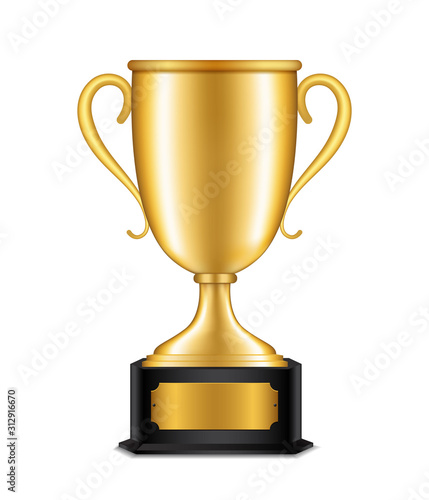 Realistic award cup for winner, champion. Golden trophy for congratulationin sport, game. Gold winner prize on isolated background. Championship cup for award ceremony. vector illustration