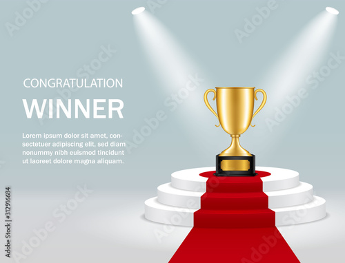 Round podium with trophy cup and spotlight for winner. Realistic pedestal with gold trophy, lights, red carpet for congratulation. Winner competition on scene on blue background. Vector