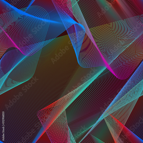 Iridescent chaotic seamless pattern. Swatch of multicolor lines for abstract textile design.