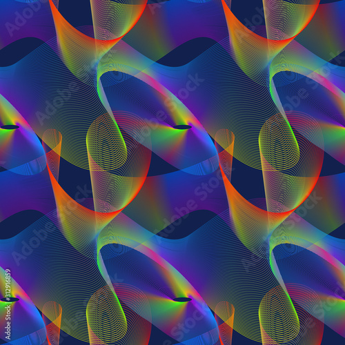 Iridescent wavy seamless pattern. Swatch of multicolor lines for trendy textile design.