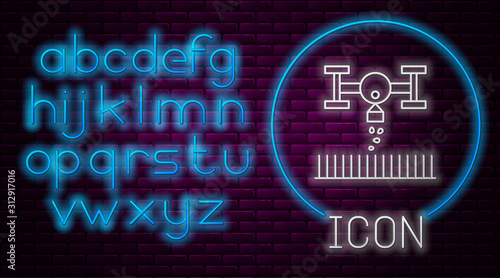 Glowing neon line Smart farm with drone control for seed planting icon isolated on brick wall background. Innovation technology for agricultural company. Neon light alphabet. Vector Illustration