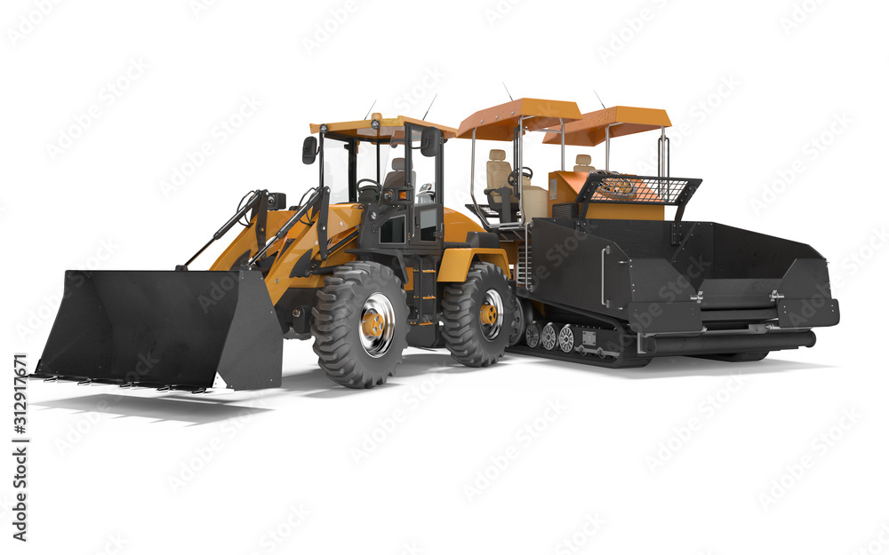 Naklejka premium Construction machinery asphalt spreader machine and wheel bulldozer working 3D rendering on white background shadow