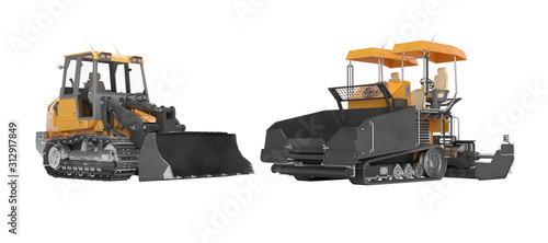Road construction machinery tracked paver and tracked bulldozer 3D rendering on white background no shadow