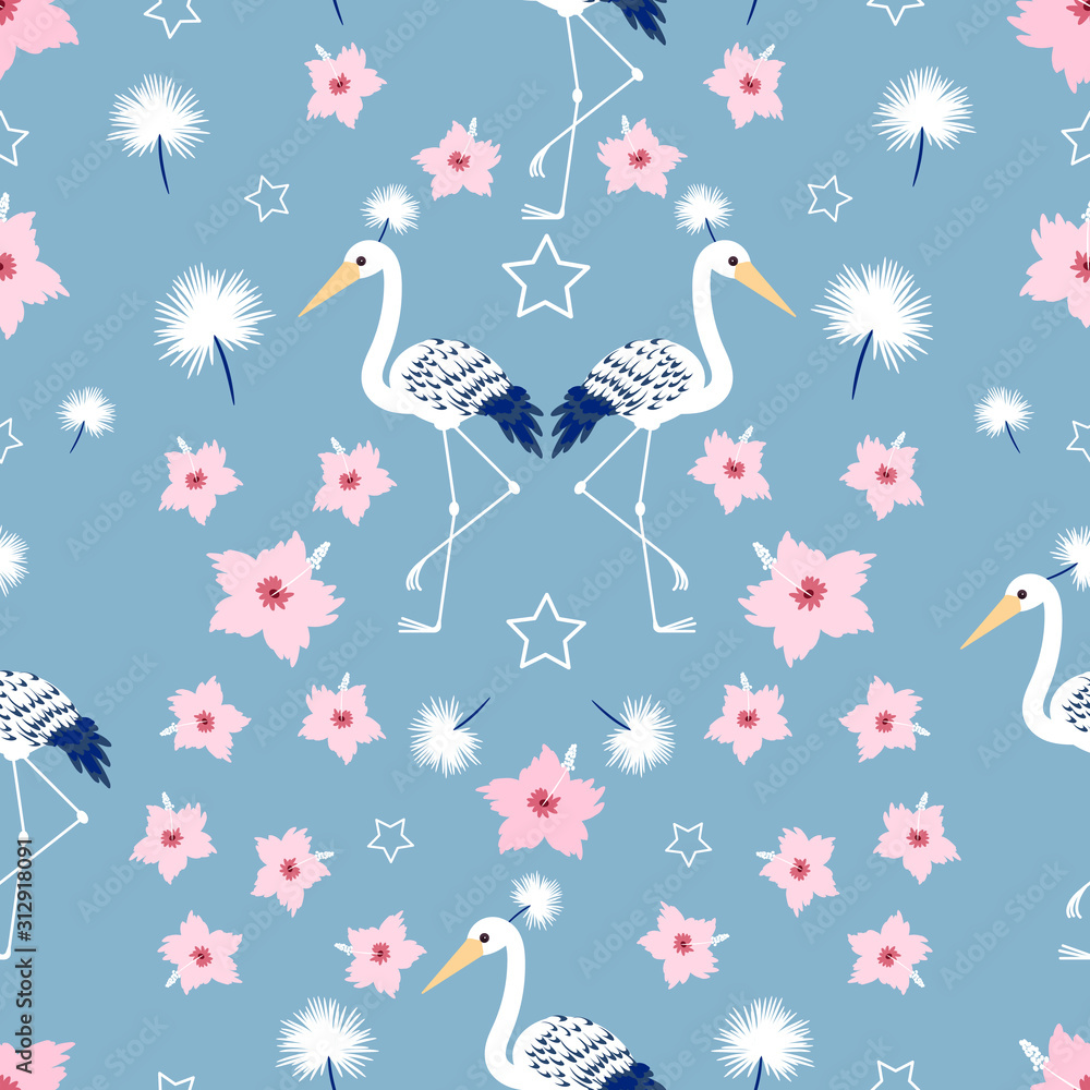 Obraz premium Seamless Tropical Vector Pattern with tropical birds and hibiscus