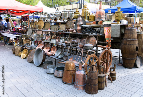 Obraz na plátně Yerevan, Armenia-April, 28 2019: Antique Utensils at Vernissage flea market in c