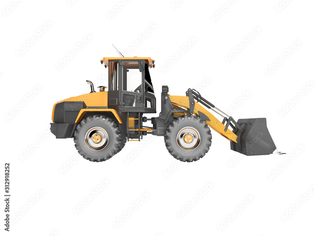 Orange road car wheel bulldozer 3D rendering on white background no shadow