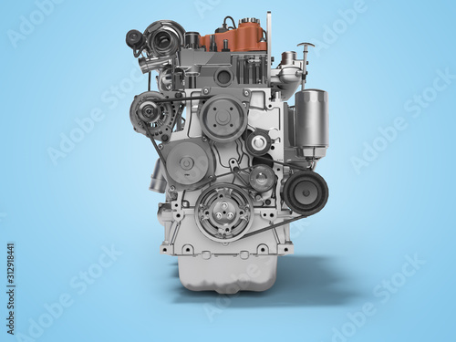 3D rendering of diesel engine for car front view on blue background with shadow
