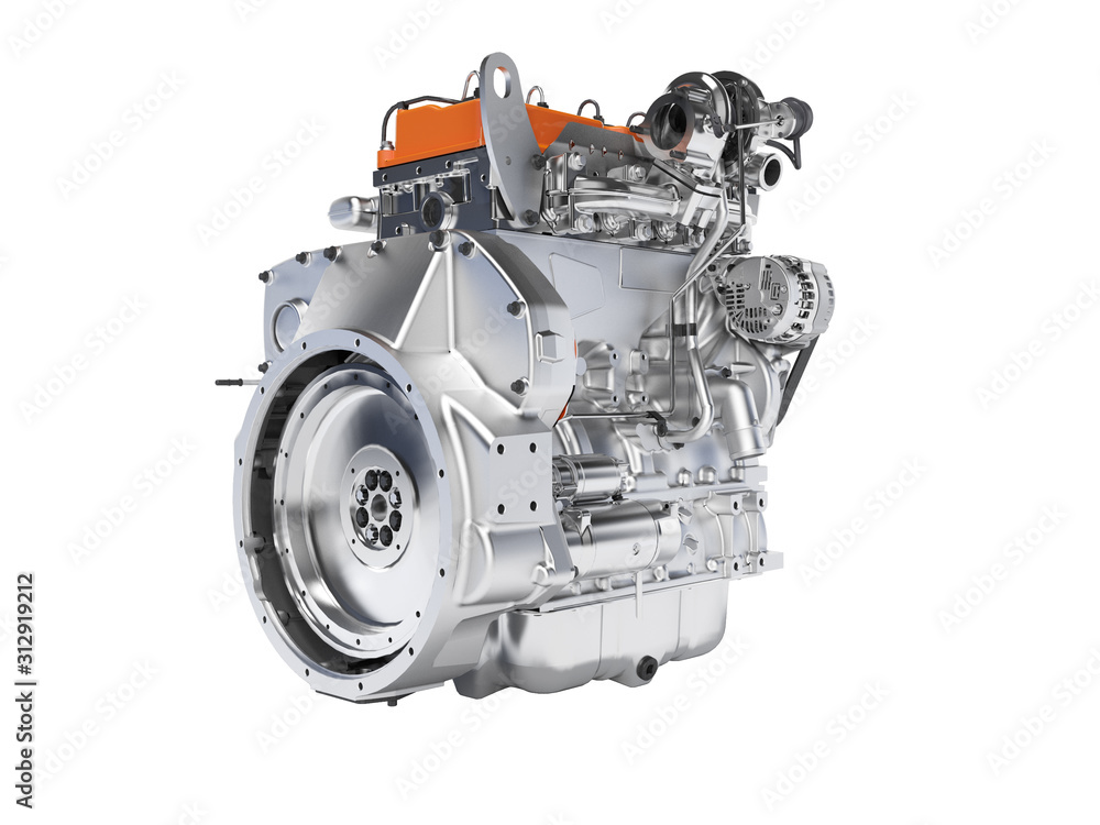 3D rendering orange engine for car assembly on white background no shadow 3D rendering orange engine for car assembly on white background no shadow