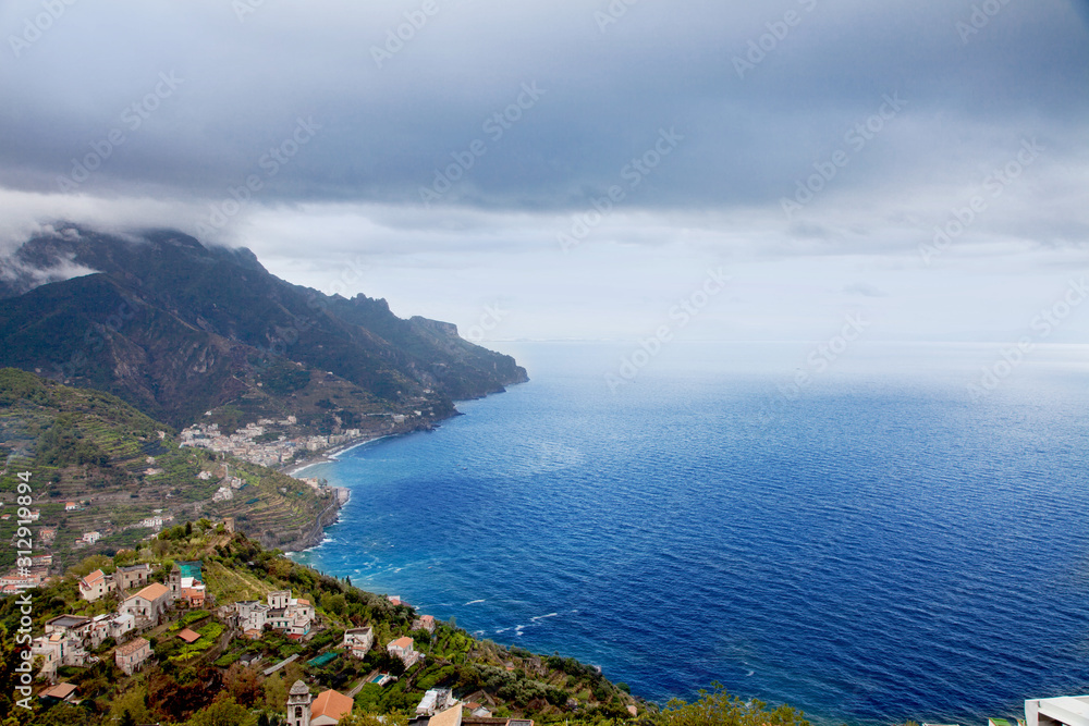 View of Ravello village with mountains on the Amalfi Coast in Italy.