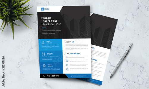 A4 modern elegant business template flayer poster pamphlet brochure with space for photo background in blue, grey and white color cmyk ready to print vector editable layer