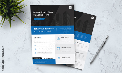 A4 modern elegant business template flayer poster pamphlet brochure with space for photo background in blue, grey and white color cmyk ready to print vector editable layer