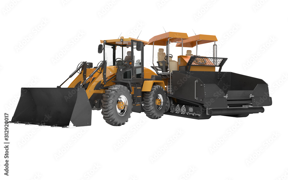 Naklejka premium Construction machinery asphalt spreader machine and wheel bulldozer working 3D rendering on white background no shadow
