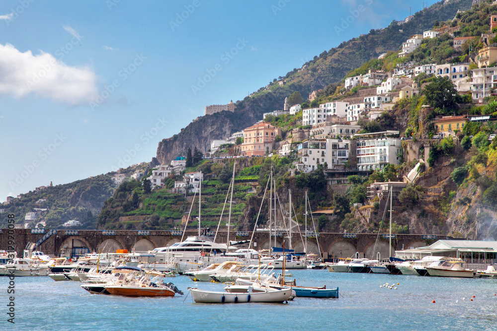 Amalfi Coast  from below viewing Sorrento mountains along the harbour