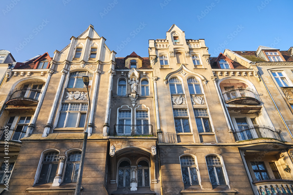 Art Nouveau facade of the historic building  in Poznan..