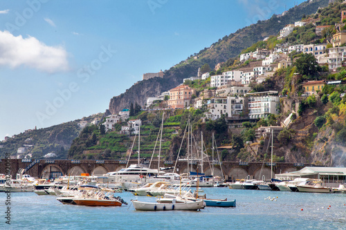 Amalfi Coast from below viewing Sorrento mountains along the harbour