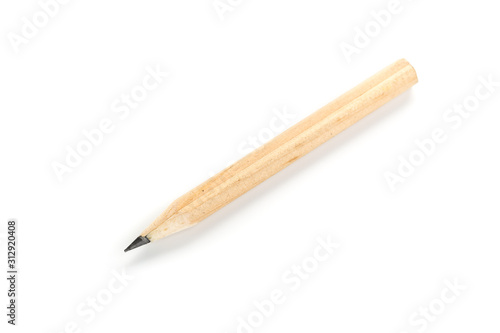 Wooden new short pencil isolated on white background