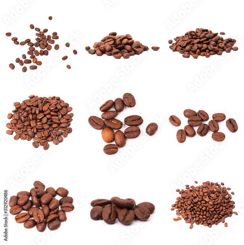 collage of Coffee beans isolated on a white background area for copy space.