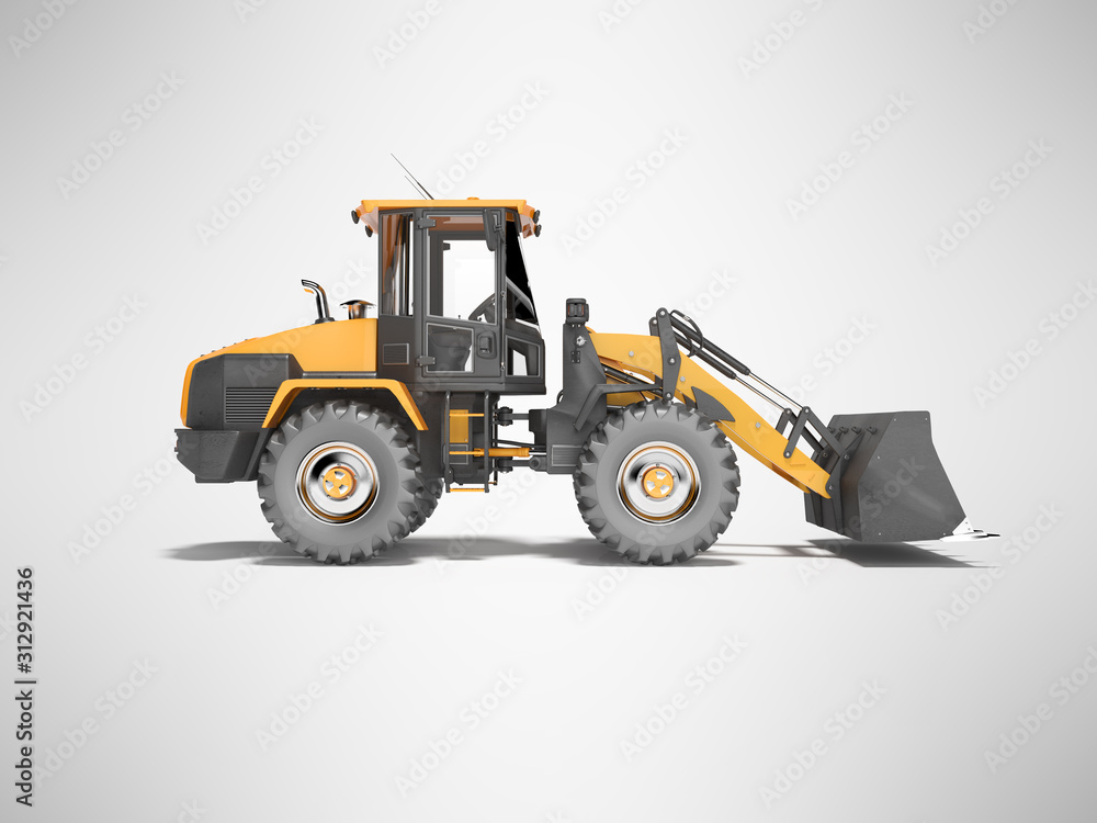 Orange road car wheel bulldozer 3D rendering on gray background with shadow