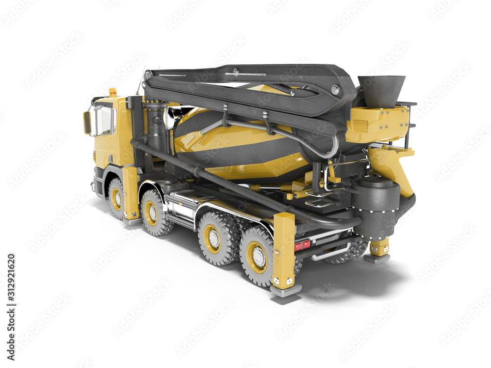 Yellow truck mixer with pump for concrete with conveyor belt isolated 3D rendering on white background with shadow