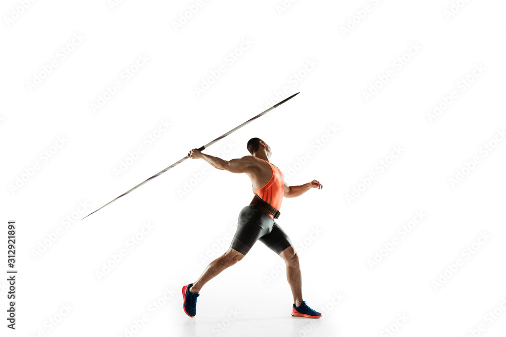 Male athlete practicing in throwing javelin isolated on white studio background. Professional sportsman training in motion, action. Concept of healthy lifestyle, movement, activity. Copyspace. Male athlete practicing in throwing javelin isolated on white studio background. Professional sportsman training in motion, action. Concept of healthy lifestyle, movement, activity. Copyspace.