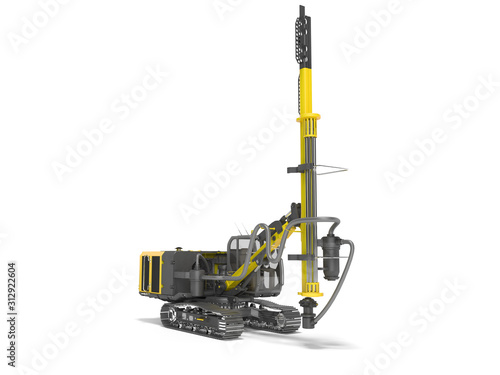 Yellow drill rig for drilling piles 3D rendering on white background with shadow