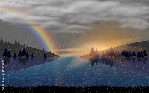 landscape of lagoon in the rain in the morning