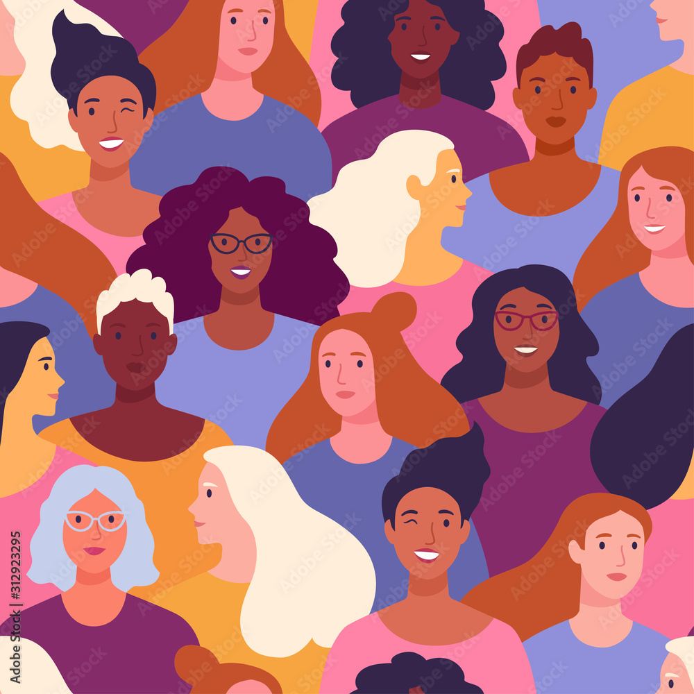Ba International Women's Day pattern. Vector seamless pattern with multinational diverse group of women in trendy cartoon flat style. Ba International Women's Day pattern. Vector seamless pattern with multinational diverse group of women in trendy cartoon flat style.