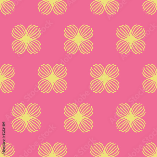 Simple floral repeat vector brick pattern in pink yellow. Cute hand drawn flowers repeat pattern suitable for textile  wallpaper and paper.