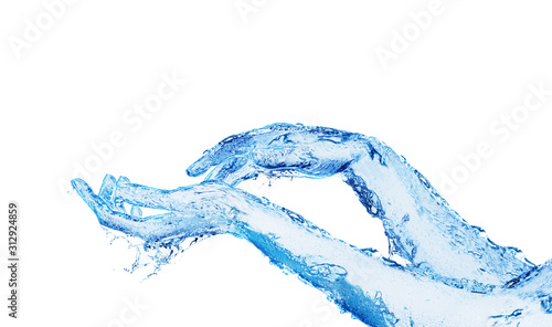 Two hands made of water touching on white photo
