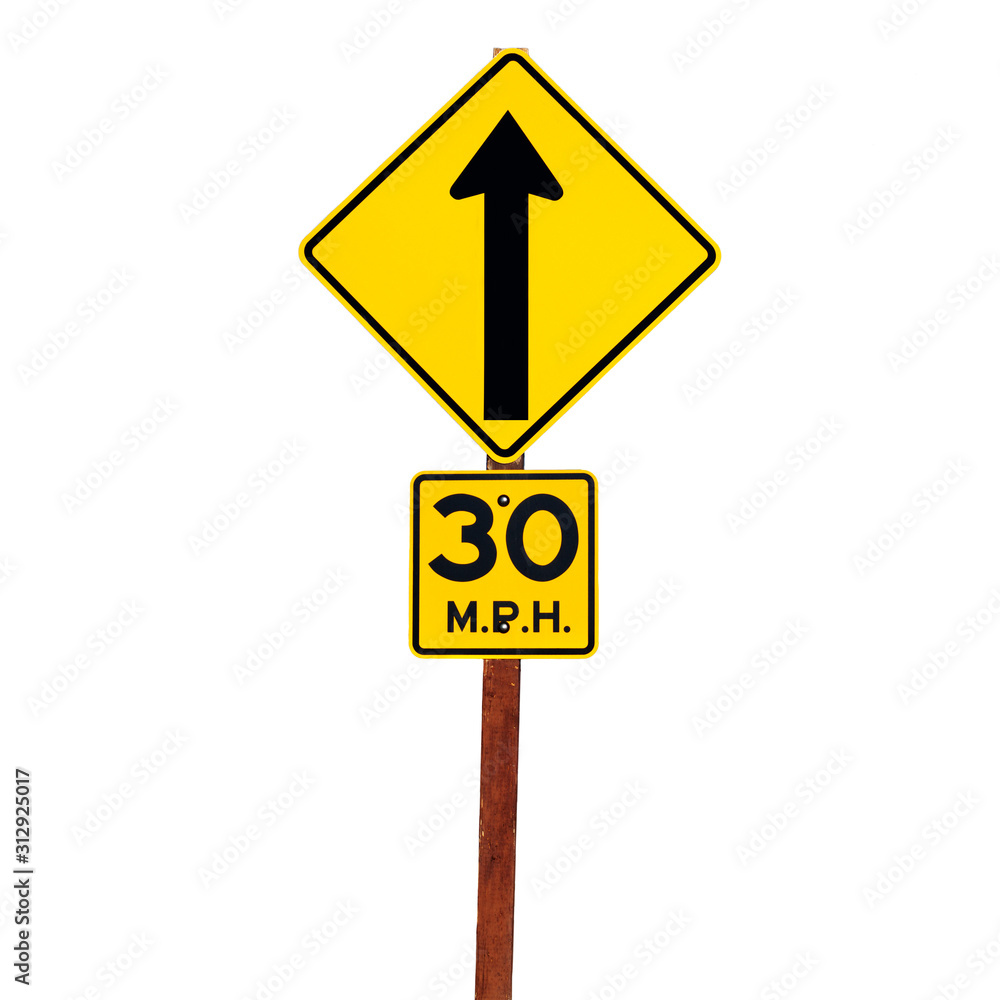 Road arrow sign with 20 mph speed limit on white Road arrow sign with 20 mph speed limit on white