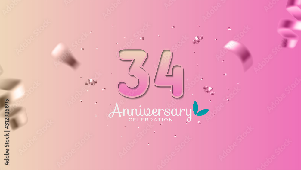 34th anniversary. Gradient pink and yellow Numbers with sparkling confetti. Modern elegant gradient background design vector EPS 10. For wedding party or company event decoration. 34th anniversary. Gradient pink and yellow Numbers with sparkling confetti. Modern elegant gradient background design vector EPS 10. For wedding party or company event decoration.