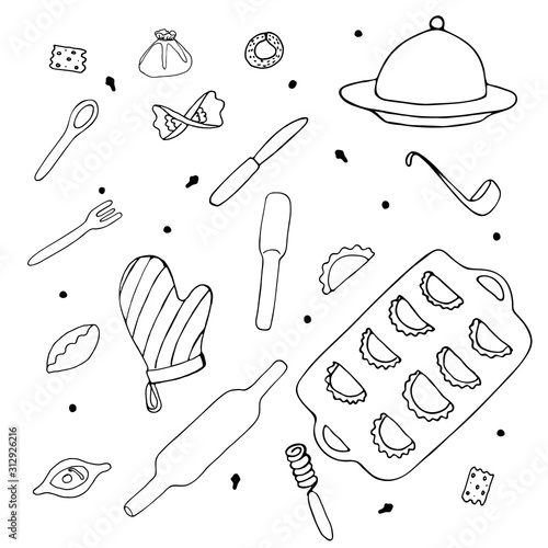 Cooking utensil. Set of cooking doodle design element. Vector illustration. Isolated elements on white background. Symbol collection.