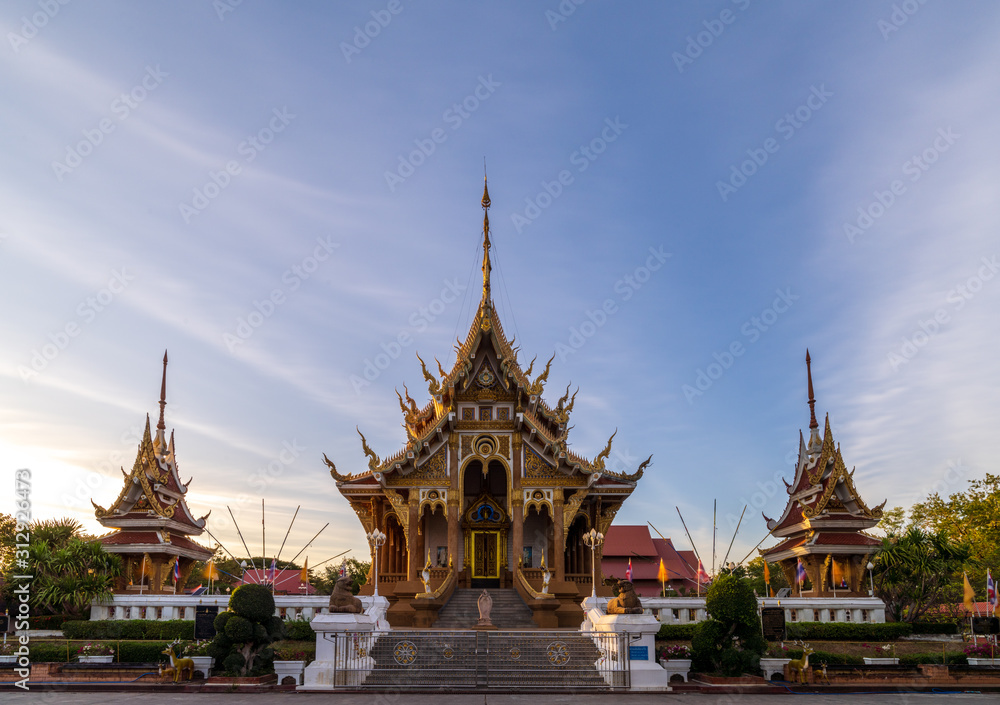Khon Kaen/Thailand - JAN 2, 2020 : Wat Pa Saeng Arun at sunset time at khonkaen in Thailand.