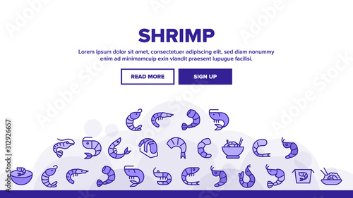 Shrimp Food Landing Web Page Header Banner Template Vector. Shrimp Fresh And Cooked, Sushi And Soup, Appetizer And Delicacy Illustration