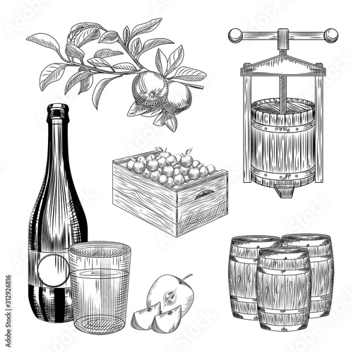 Set of apple cider. Harvest apple, wooden crate, press, barrel, glass and cider bottle.