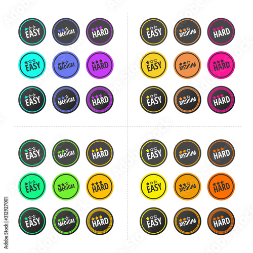 Set of labels, gradation of levels. Easy, medium, hard. Three options and designs. Degree of difficulty. Chosen setting