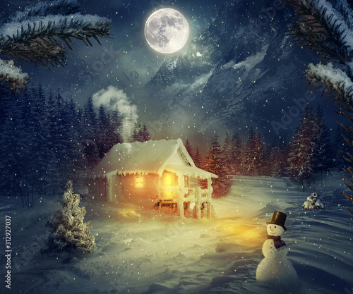 Winter Christmas scene, raster art illustration