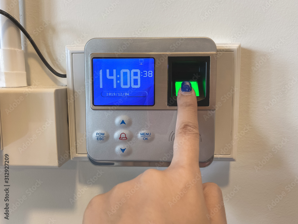 Finger print scan for unlock door security system. Record working time Finger print scan for unlock door security system. Record working time