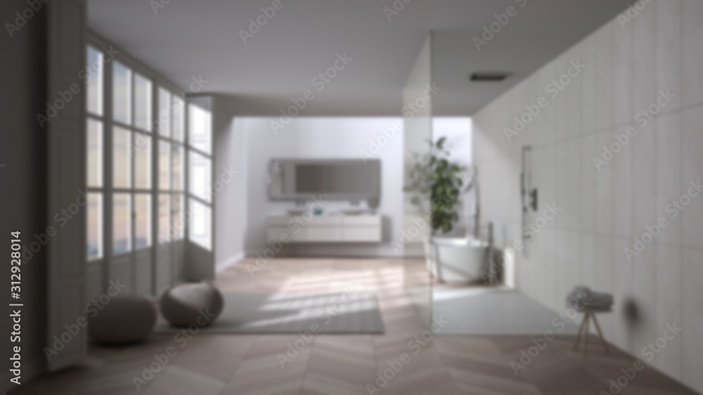 Fototapeta premium Blur background interior design: spacious bathroom with parquet floors, panoramic window, walk-in shower and freestanding tub, carpet with poufs, double sink