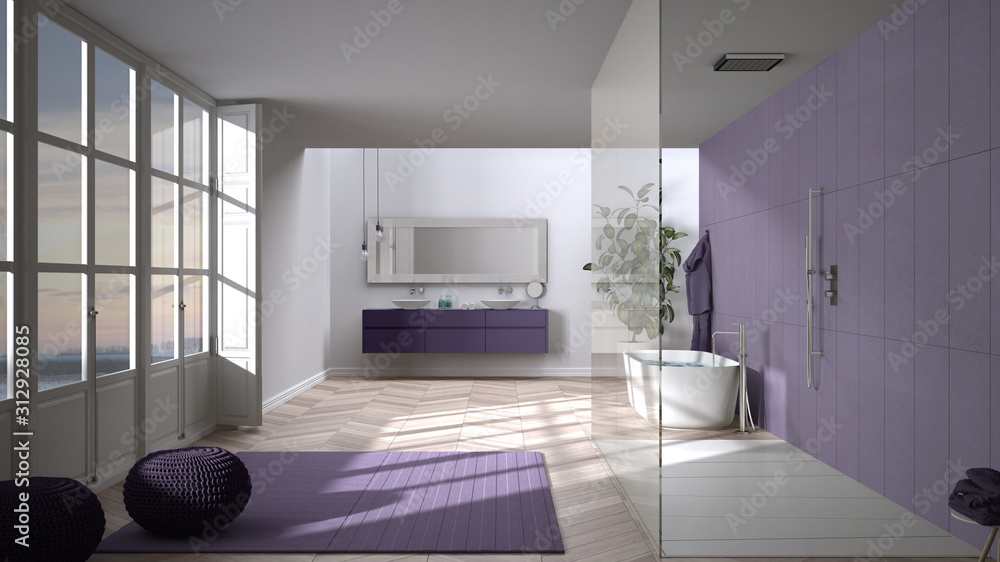 Spacious bathroom in purple tones with parquet floors, panoramic window, walk-in shower and freestanding tub, carpet with poufs, double sink, potted plant, minimalist interior design Spacious bathroom in purple tones with parquet floors, panoramic window, walk-in shower and freestanding tub, carpet with poufs, double sink, potted plant, minimalist interior design
