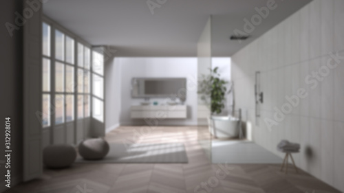 Blur background interior design: spacious bathroom with parquet floors, panoramic window, walk-in shower and freestanding tub, carpet with poufs, double sink