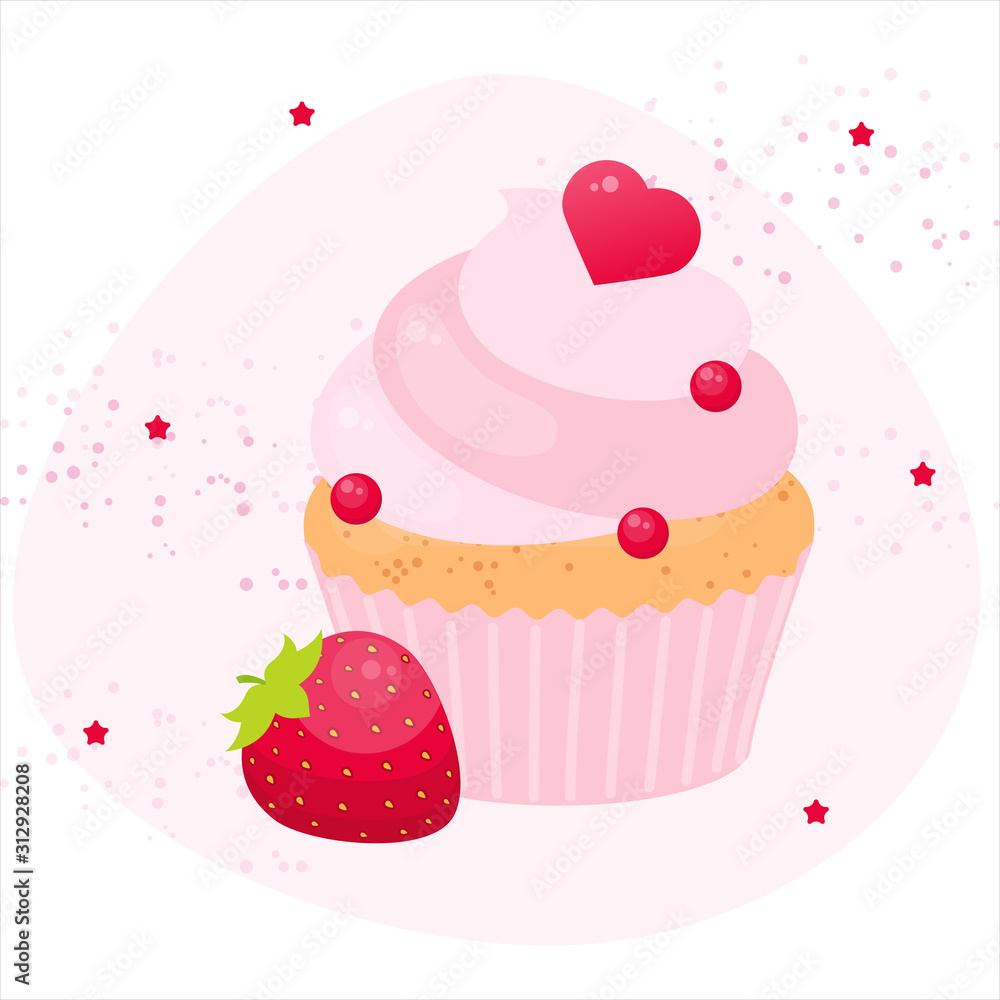 Cute valentines strawberry cupcake. Pink muffin concept. Vector flat card.